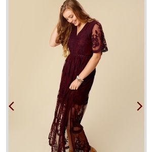Altar’d State Wine Marionette Lace Maxi Dress Small